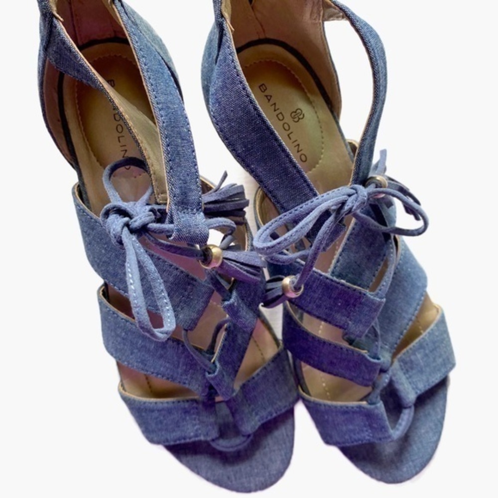 Bandolino Lace Up Denim Wedge Sandalsโ